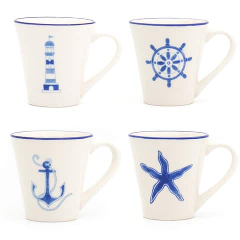 Euro Ceramica Ahoy Nautical Stoneware Assorted Mugs (Set of 4)