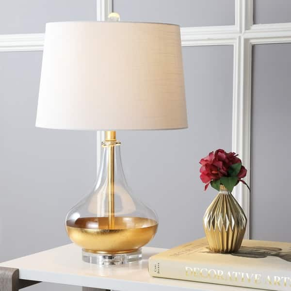 JONATHAN Y Carson Rechargeable Cordless 12.75-in Brass Gold LED Stick Table  Lamp with Glass Shade