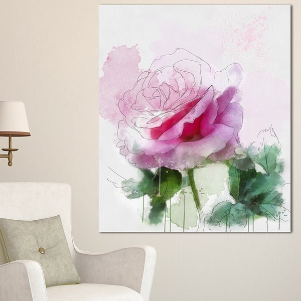 Designart 'Pink Rose Sketch with Green Leaves' Extra Large Floral ...