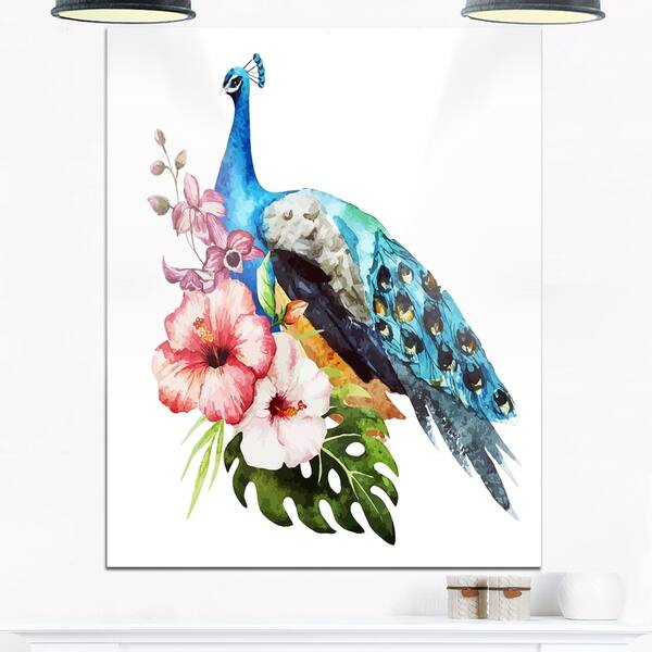 Hibiscus Flowers and Blue Peacock - Large Flower Glossy Metal Wall Art ...