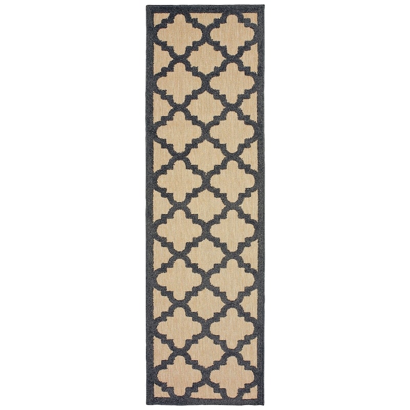 Style Haven Cara Mixed Pile Quatrafoil Lattice Indoor/ Outdoor Area Rug - 2'3" x 7'6" Runner - Black/Sand
