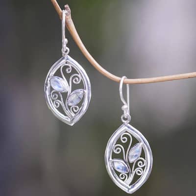 NOVICA Handmade Sterling Silver 'Paradise Leaves' Rainbow Moonstone Earrings (Indonesia) - 1.5*0.6