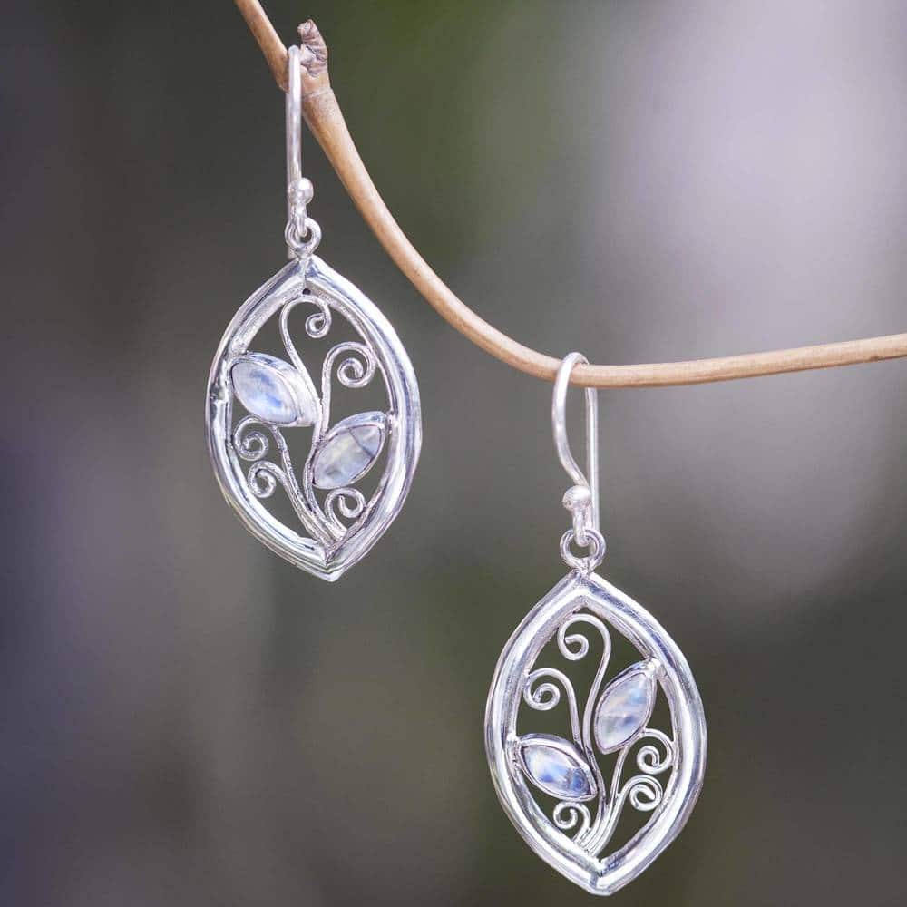 NOVICA Handmade Sterling Silver 'Paradise Leaves' Rainbow Moonstone Earrings (Indonesia) - 1.5*0.6