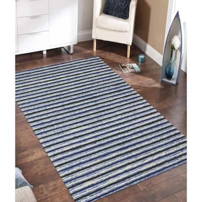 Hand-Tufted Perry Blue Striped Blended New Zealand Wool Rug - 7'6" x 9'6"