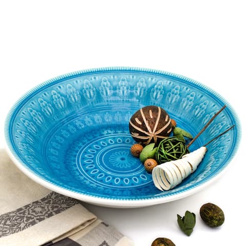 Euro Ceramica Fez Ceramic 12-inch Serving Bowl, Turquoise and Grey