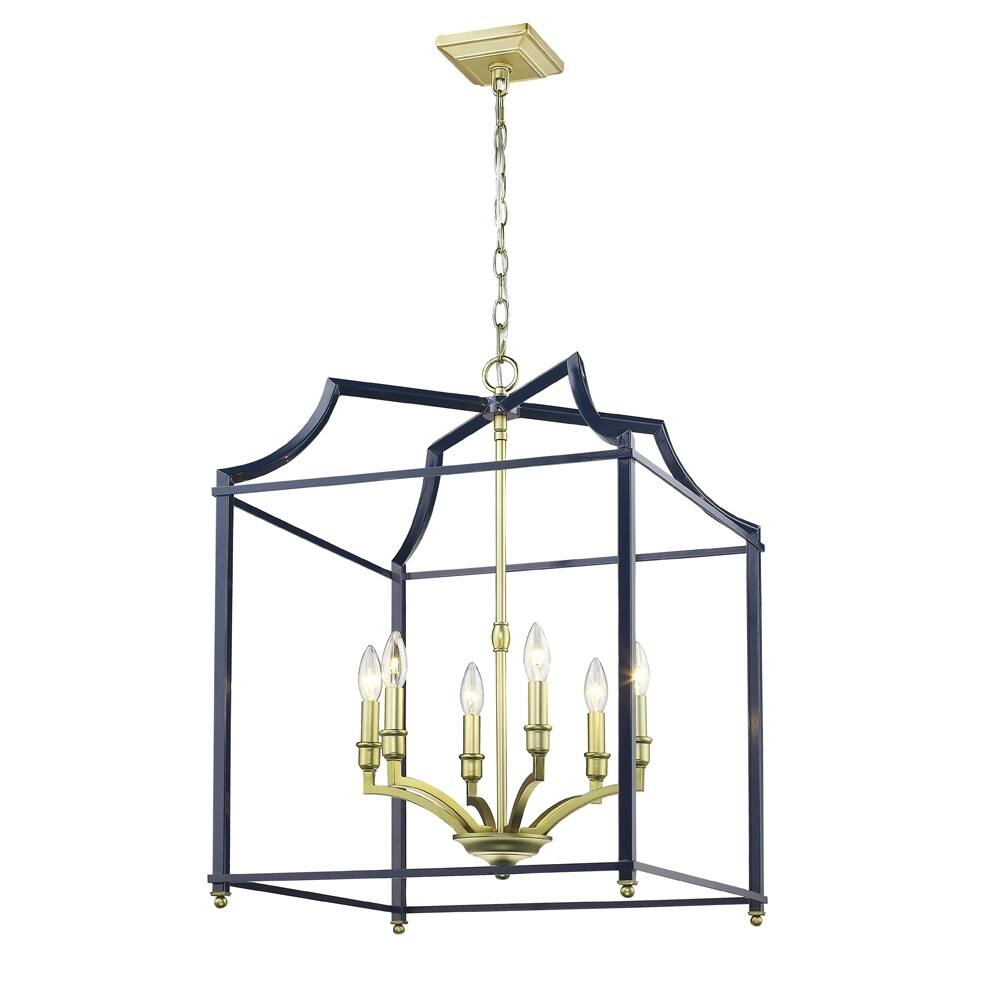 Leighton SB 6 Light Pendant in Satin Brass with Navy