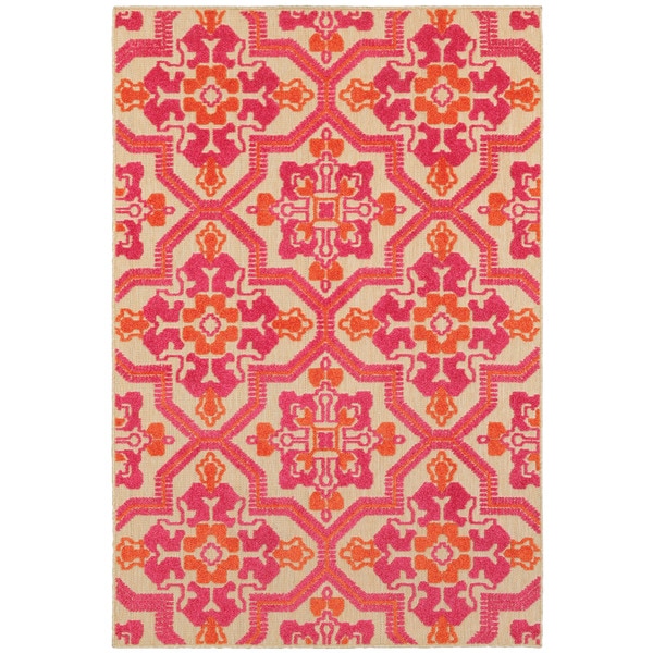 Mixed Pile Medallion Sand/ Pink Indoor-Outdoor Area Rug - 1'10" x 3'3"