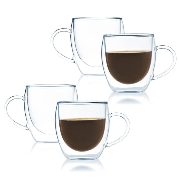 JavaFly Bistro Double Walled Thermo Borosilicate Glass Elegant Mugs with Handle 8 oz (Set of 4)