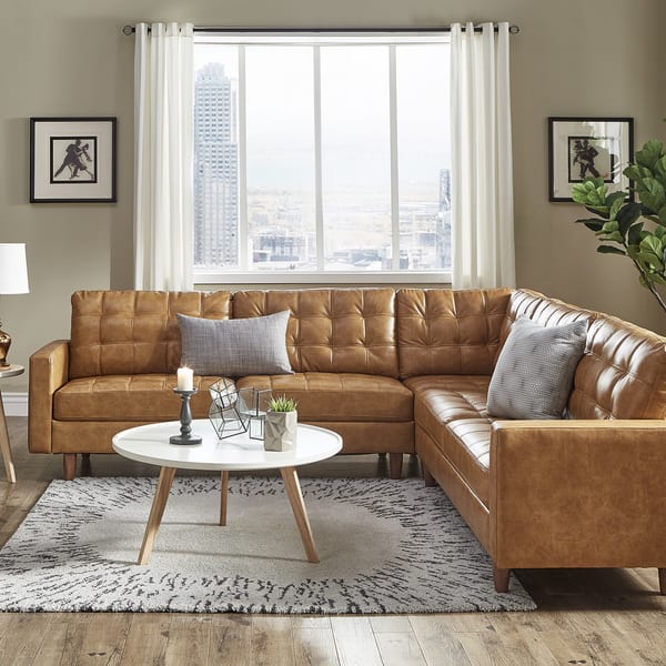 slide 2 of 16, Odin Caramel Leather Gel L-shape Sectional by iNSPIRE Q Modern