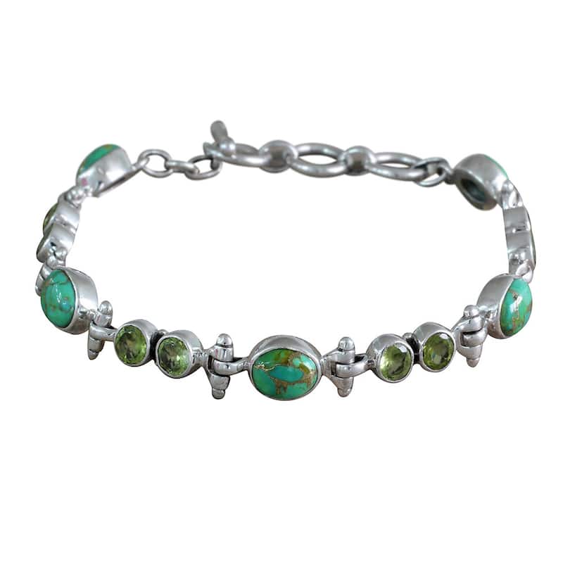 NOVICA Handmade Sterling Silver Green Glow Peridot Turquoise Bracelet (India)