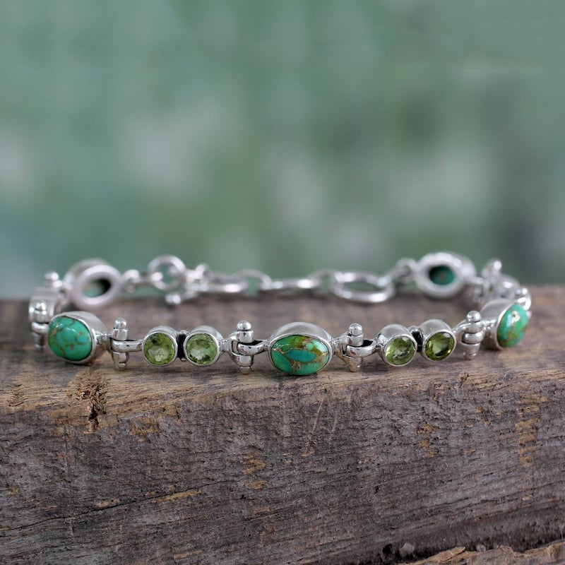 NOVICA Handmade Sterling Silver Green Glow Peridot Turquoise Bracelet (India)