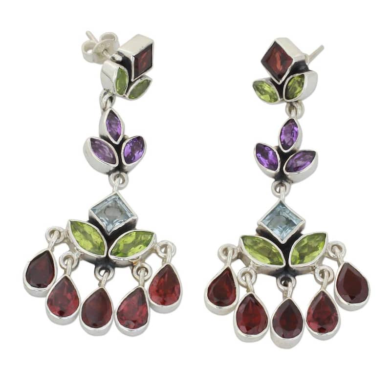 Handmade Sterling Silver 'Classic Radiance' Multi-gemstone Earrings (India) - 2.2*0.9