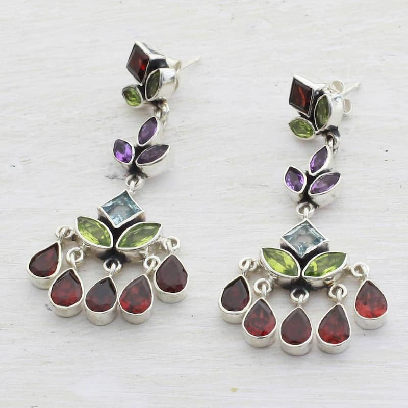Handmade Sterling Silver 'Classic Radiance' Multi-gemstone Earrings (India) - 2.2*0.9