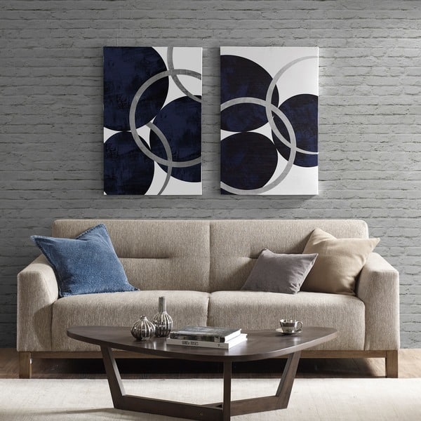 slide 1 of 6, Porch & Den "Celestial Orbit" Navy Gel Coated and Silver Foil Canvas 2-piece Set