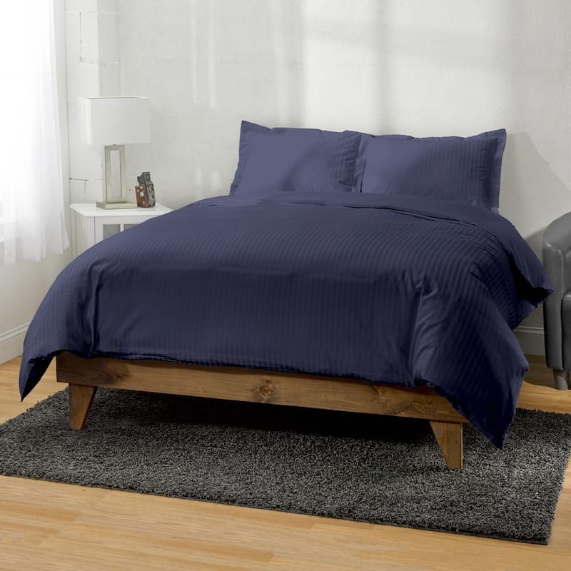 Kotter Home 400 Thread Count Striped Cotton Duvet Set - Full/Full - Queen - Navy Blue