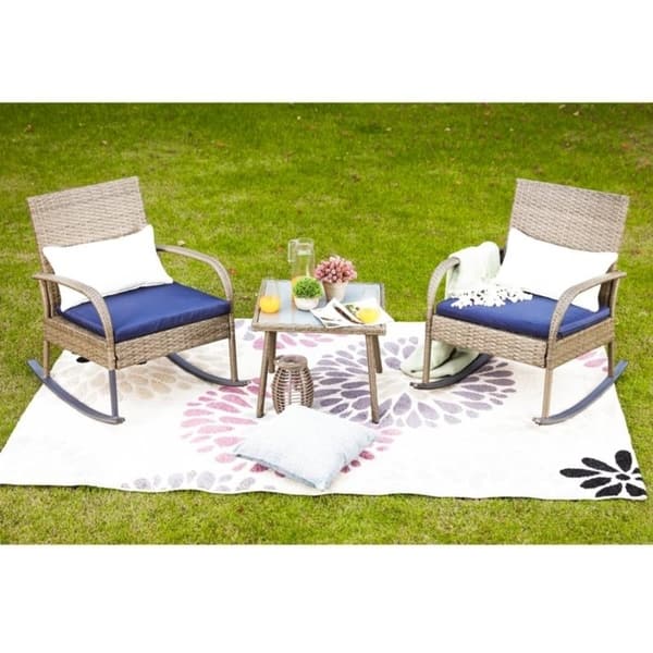 Red Gotland 3 Pieces Patio Rocking Chair Bistro Sets Outdoor Rocking Conversation Sets Pvc Strap Modern Outdoor Patio Furniture Porch Chairs Two Chairs With Tempered Glass For Coffee Table Patio Furniture