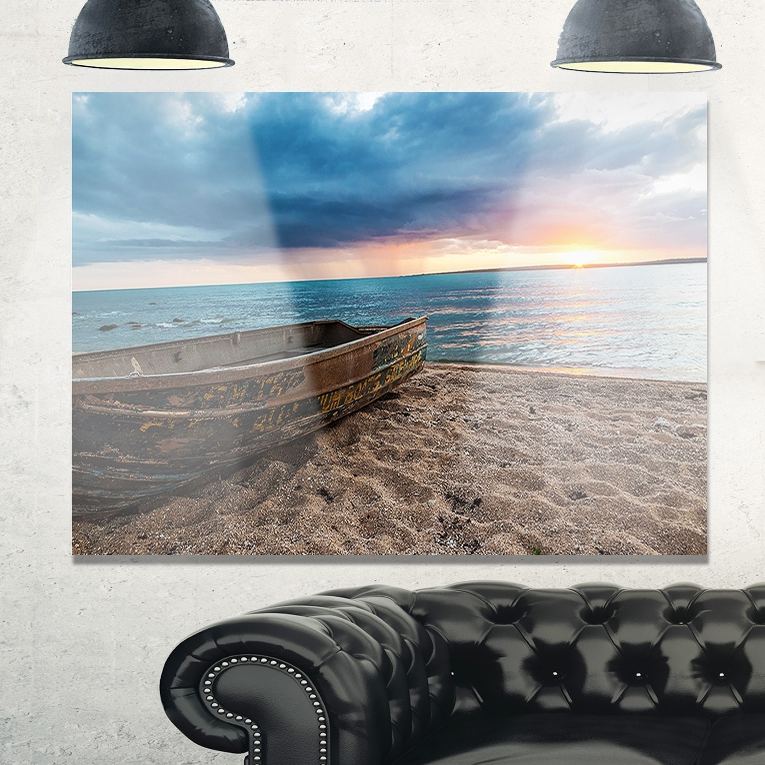 Designart 'Rusty Row Boat on Sand at Sunset' Seascape Large Disc Metal Wall Art