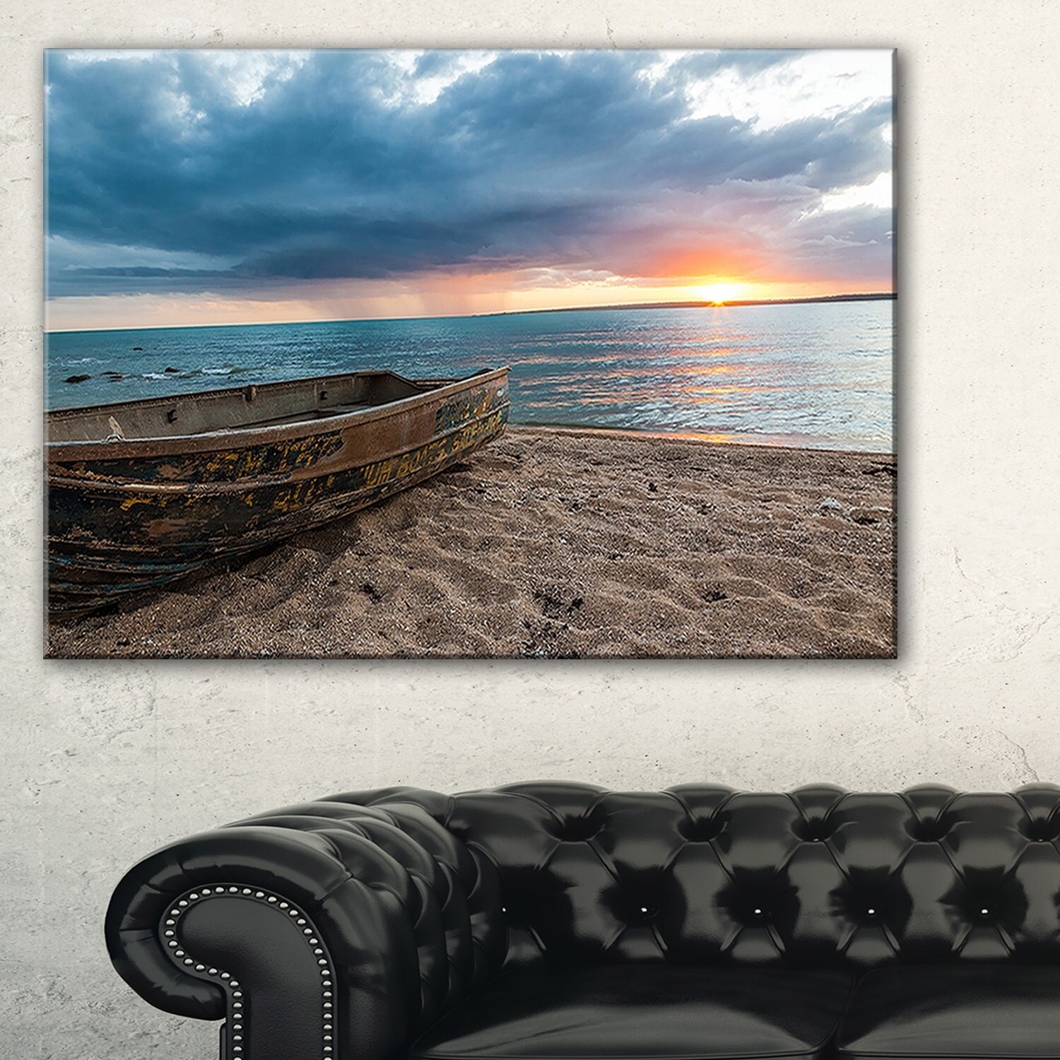 Designart 'Rusty Row Boat on Sand at Sunset' Seascape Large Disc Metal Wall Art