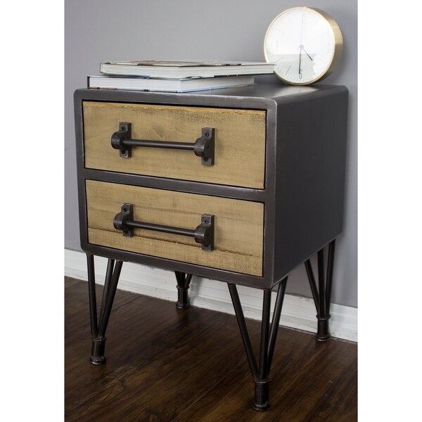 Soho Short Mid Century Wood and Metal 2-Drawer End Table