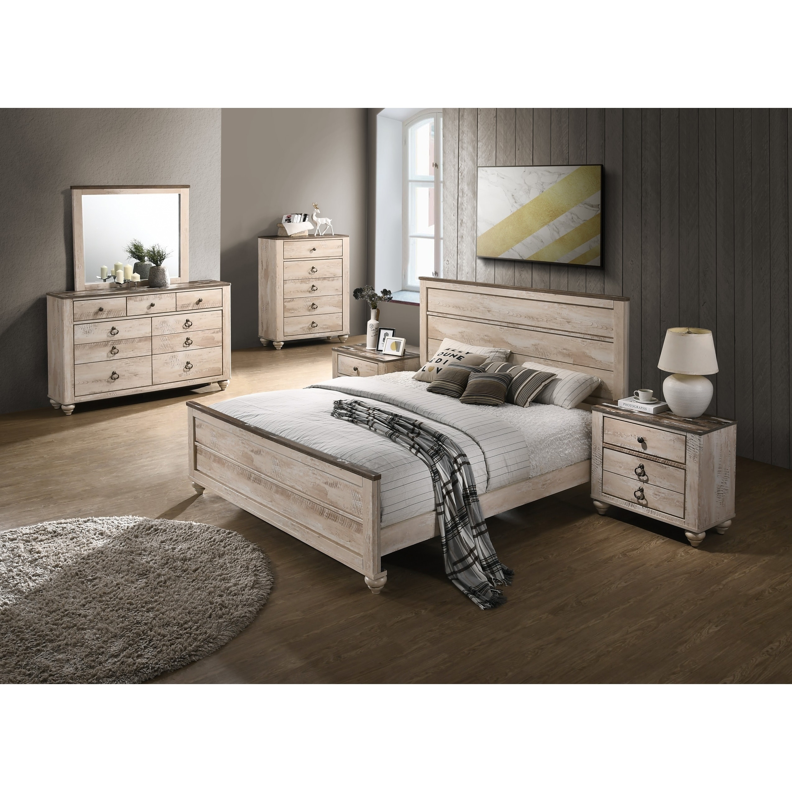 Imerland Contemporary White Wash Finish 6 Piece Bedroom Set Queen