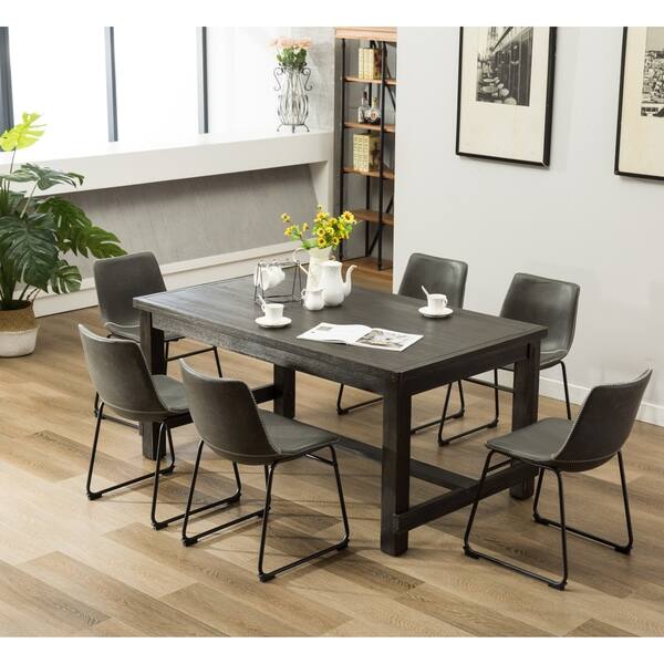 Luxury Goods Wooden Grey Dining Table Set and 6 White Faux Leather Chair