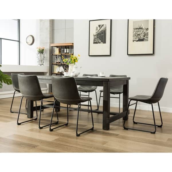 Luxury Goods Wooden Grey Dining Table Set and 6 White Faux Leather Chair