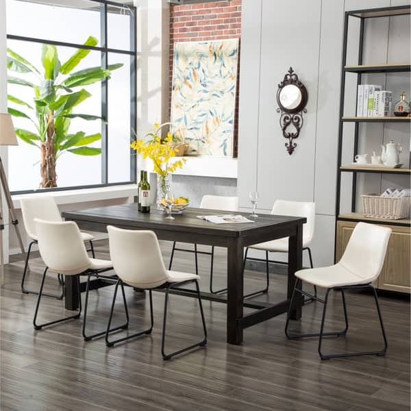 Luxury Goods Wooden Grey Dining Table Set and 6 White Faux Leather Chair