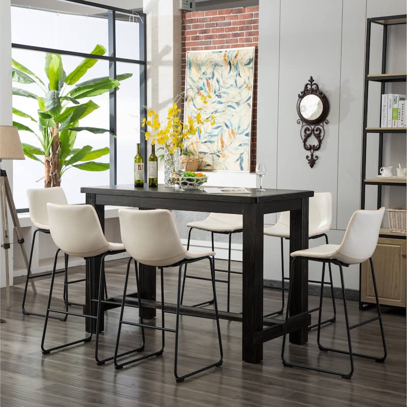 Roundhill Furniture Lotusville 7-PC Antique Black Wood Table with Faux Leather Barstools