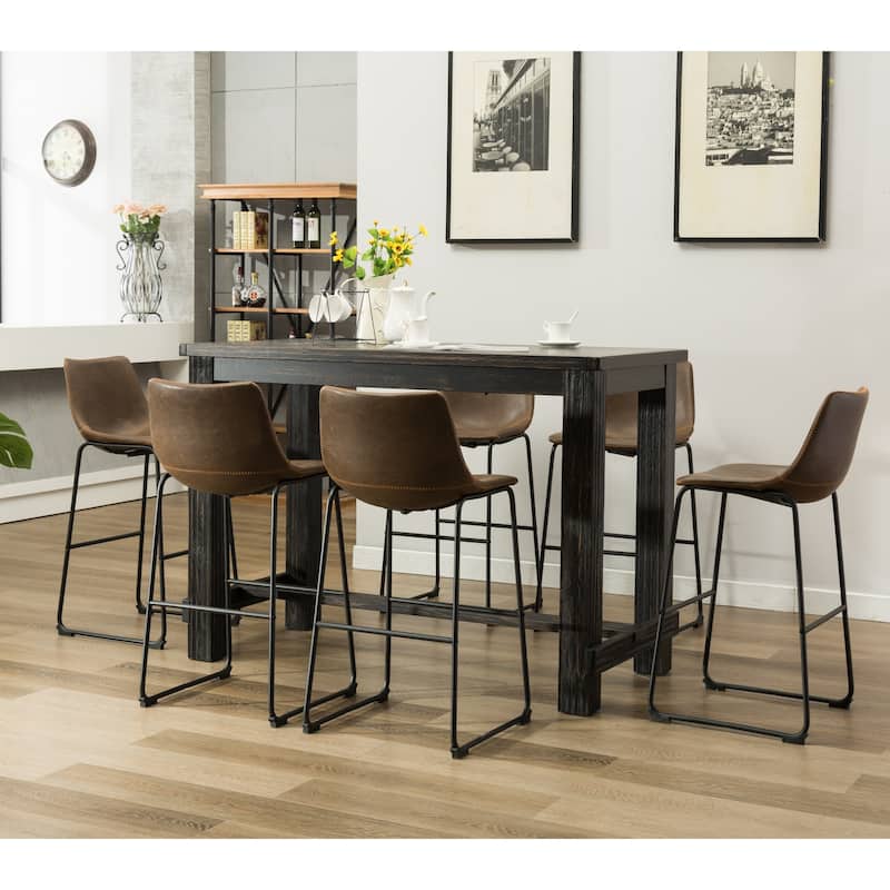 Roundhill Furniture Lotusville 7-PC Antique Black Wood Table with Faux Leather Barstools