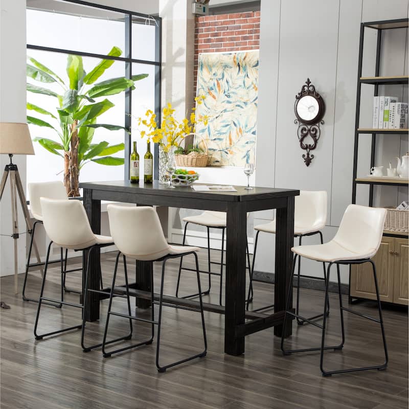 Roundhill Furniture Lotusville 7-PC Antique Black Wood Table with Faux Leather Barstools - White