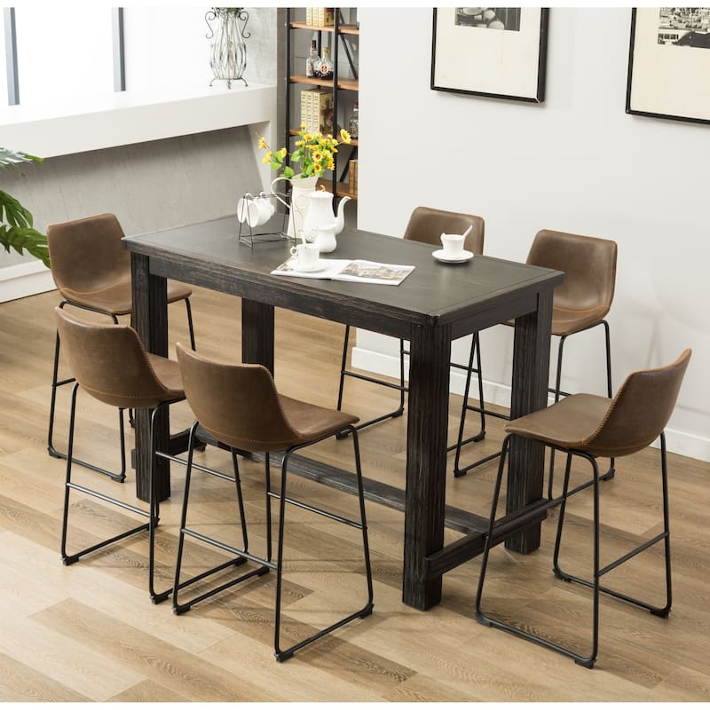 Roundhill Furniture Lotusville 7-PC Antique Black Wood Table with Faux Leather Barstools - Brown