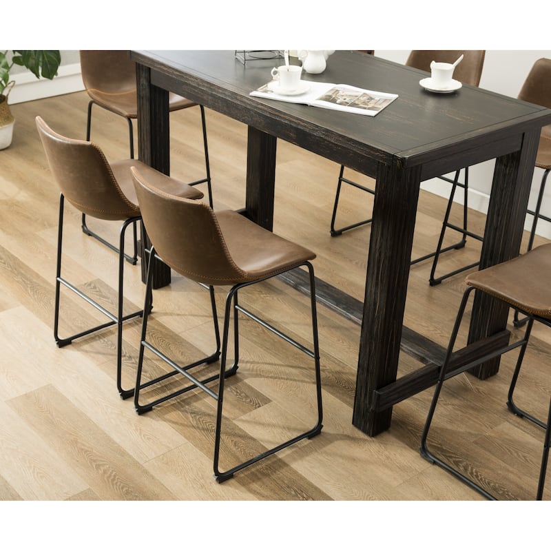 Roundhill Furniture Lotusville 7-PC Antique Black Wood Table with Faux Leather Barstools