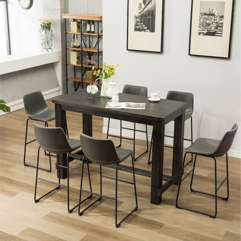 Roundhill Furniture Lotusville 7-PC Antique Black Wood Table with Faux Leather Barstools - Grey