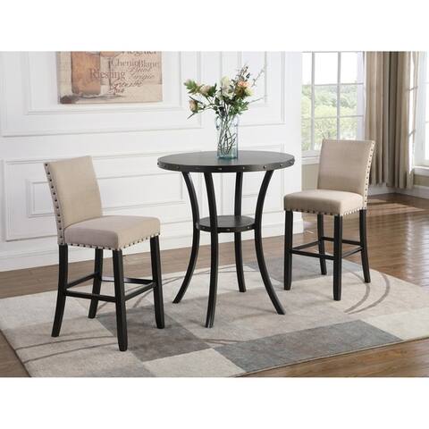 Roundhill Furniture Biony 3-Piece 36" Round Espresso Bar Table with 2 Nail Head Barstools