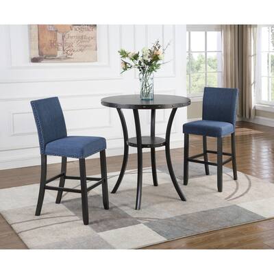 Roundhill Furniture Biony 3-Piece 36" Round Espresso Bar Table with 2 Nail Head Barstools