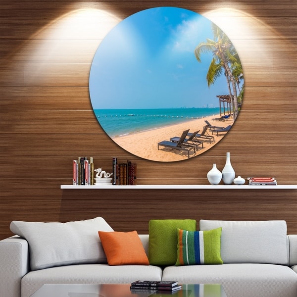 Designart 'Blue Beach with Palm Trees' Seashore Photo Round Metal Wall ...