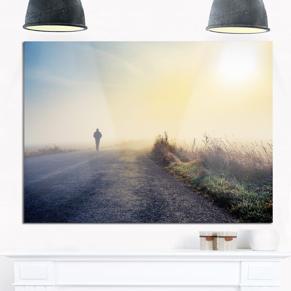 Man Silhouette in Fog - Landscape Photo Glossy Metal Wall Art