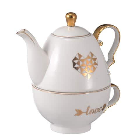 A&B Home Amore White Heart Teapot & Cup Set