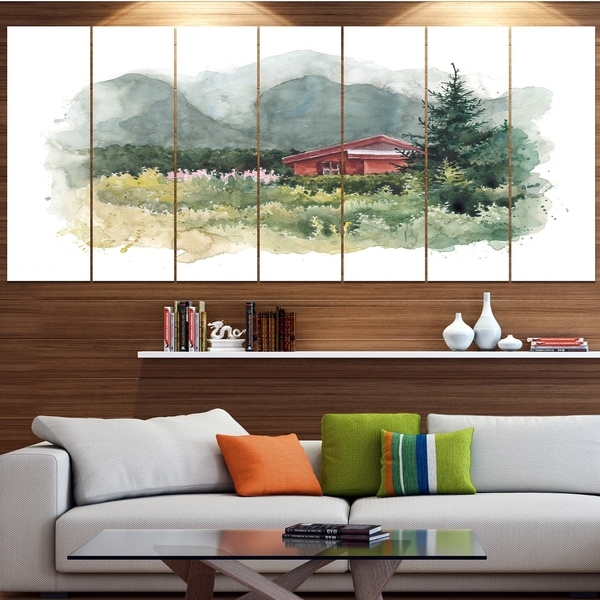 Designart 'Watercolor House Aad Mountains' Landscape Wall Artwork