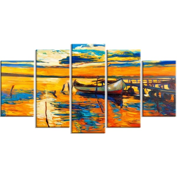 Designart - Boat and Jetty at Sunset - 5 Piece Landscape Canvas Artwork