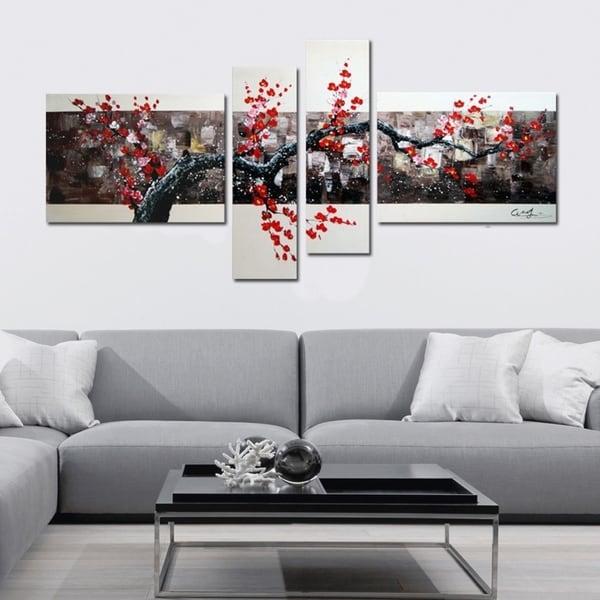 Hand-painted Black and Red Tree 4-panel Art Painting 1106 - Overstock