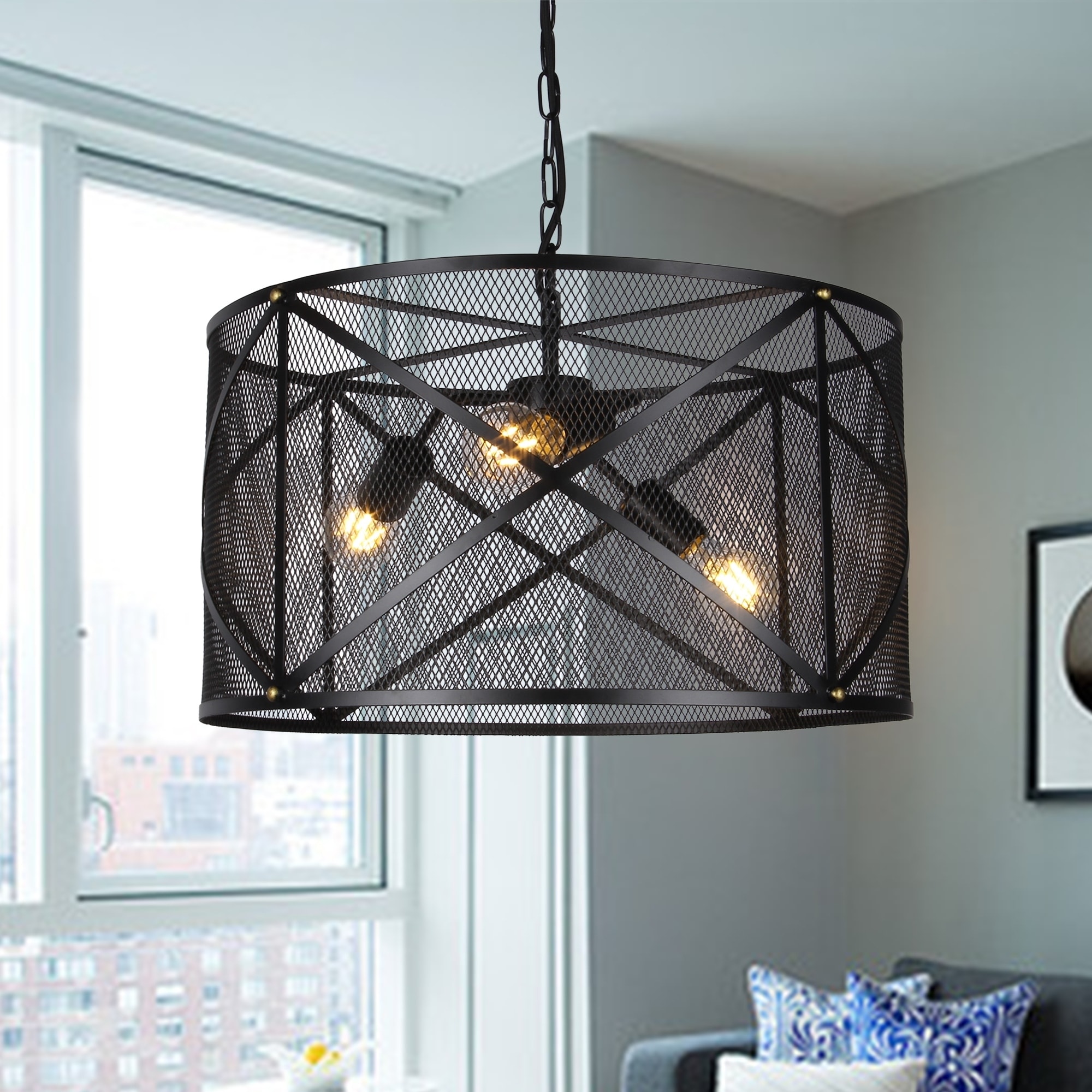 Warehouse of Tiffany Mindor 20-Inch Black Mesh 3-Light Pendant includes Edison Bulbs