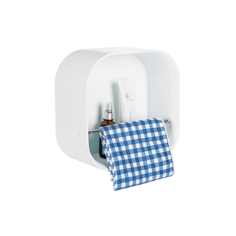 12" Stone Resin Solid Surface Matte White Finish BathroomWall Shelf with Towel Rack