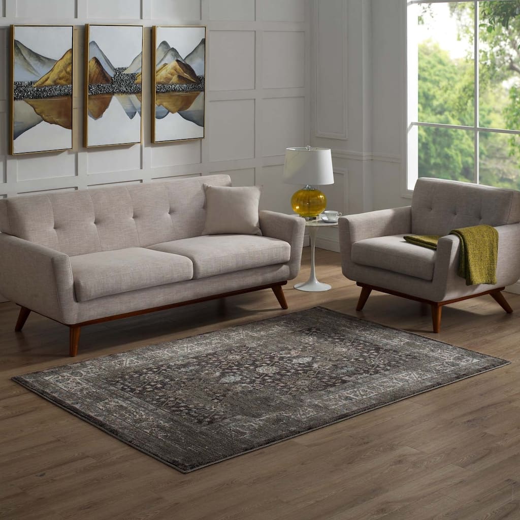 Modway Berit Distressed Vintage Floral Lattice 8x10 Area Rug in Brown and Beige