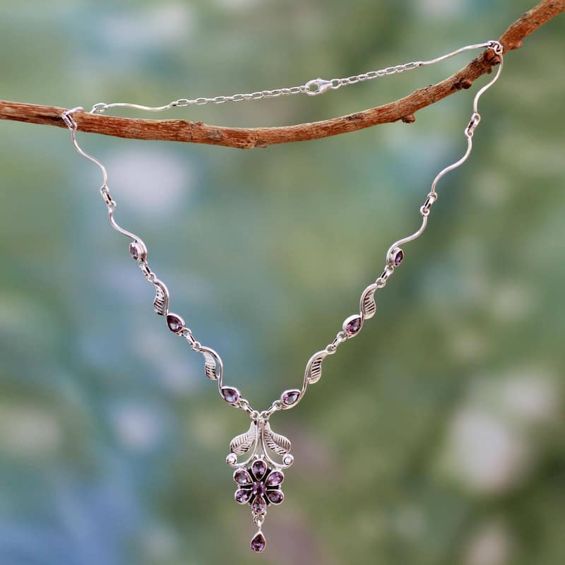 Handmade Sterling Silver 'Blossoming Love' Amethyst Necklace (India)