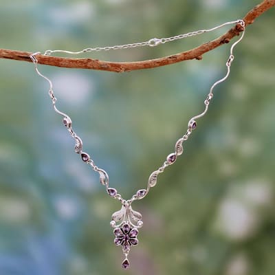 Handmade Sterling Silver 'Blossoming Love' Amethyst Necklace (India)