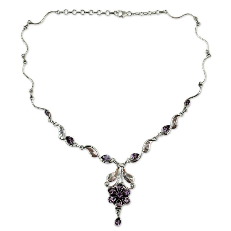 Handmade Sterling Silver 'Blossoming Love' Amethyst Necklace (India)