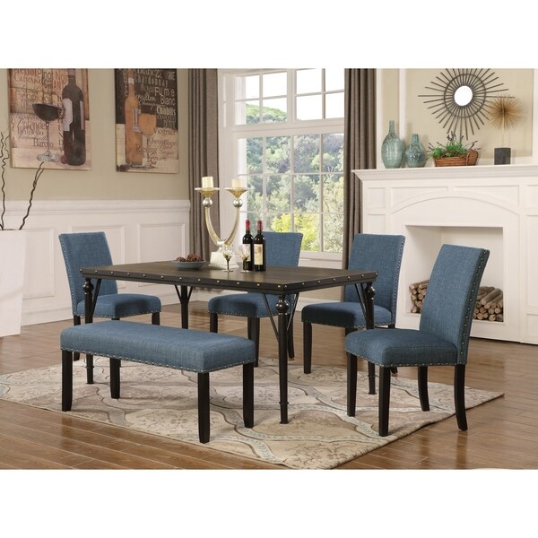 Biony 6-Piece Espresso Wood Dining Set with Fabric Nailhead Chairs and Dining Bench. Opens flyout.