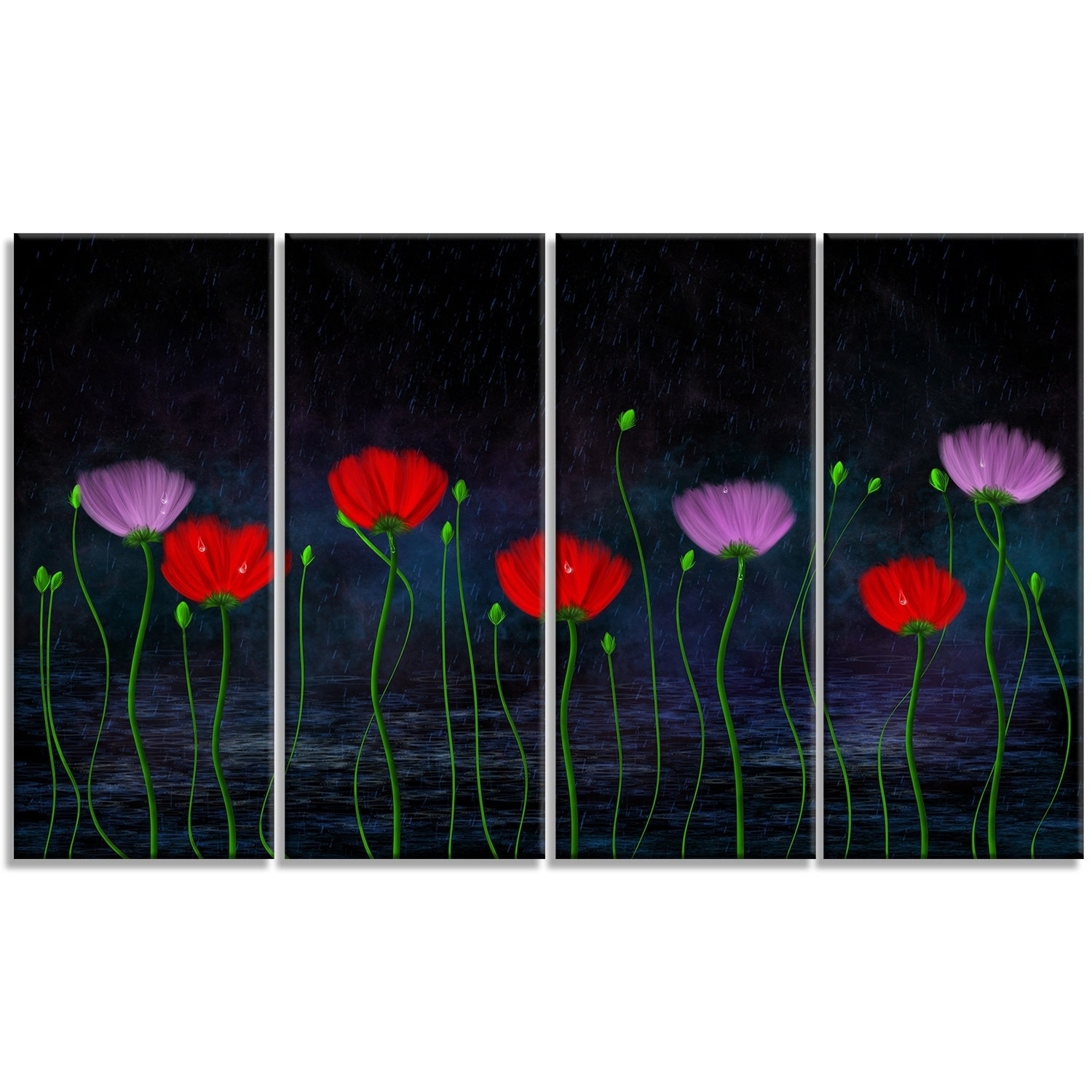 Design Art 'Rain and Flowers with Buds and Drops' Graphic Art on Wrapped Canvas, Blue