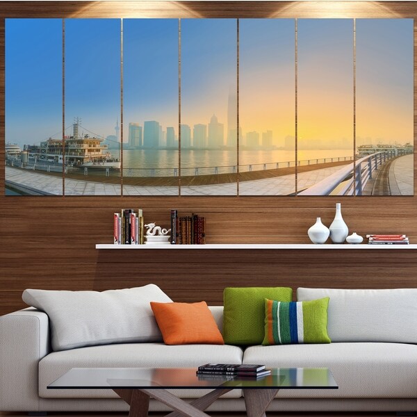 Designart 'Shanghais Night with Lights' Modern Cityscape Wall Art